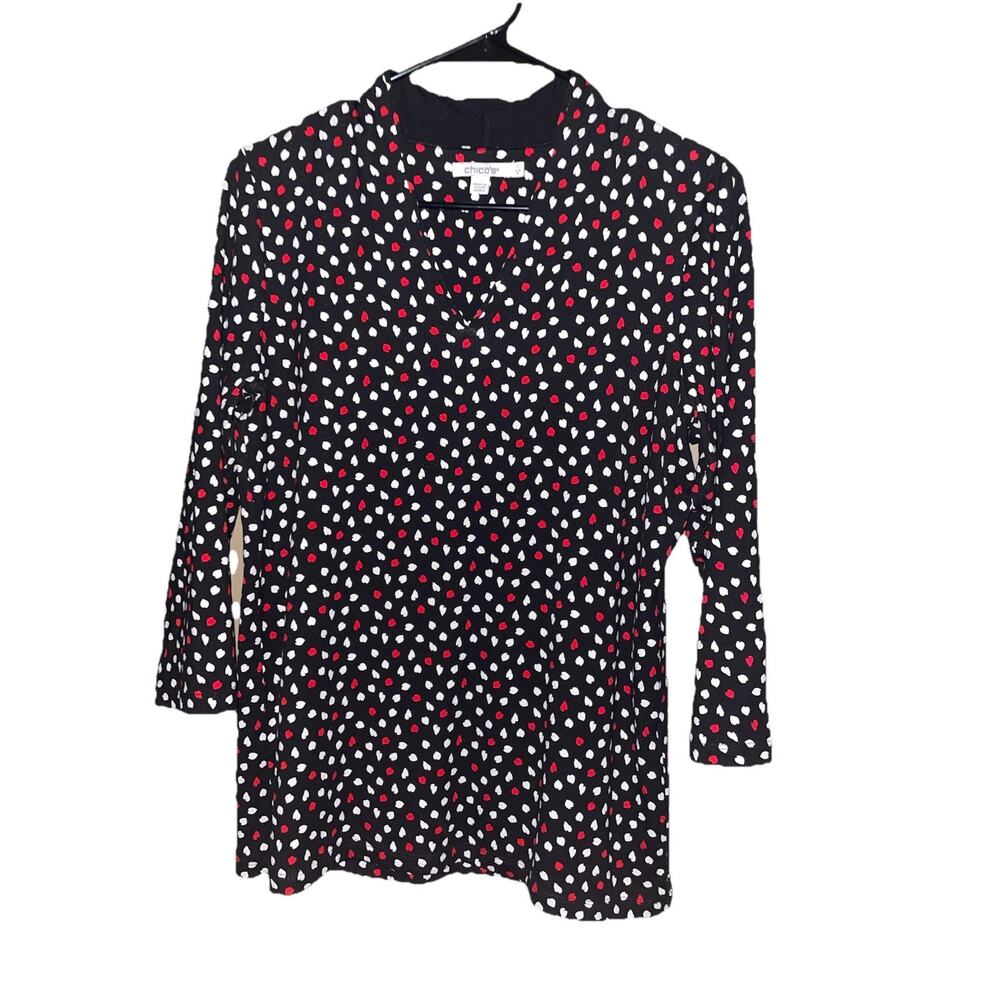 Chico’s Women’s Heart Pattern Tunic Blouse 3/4 Sleeves Sz M Stretchy Thick